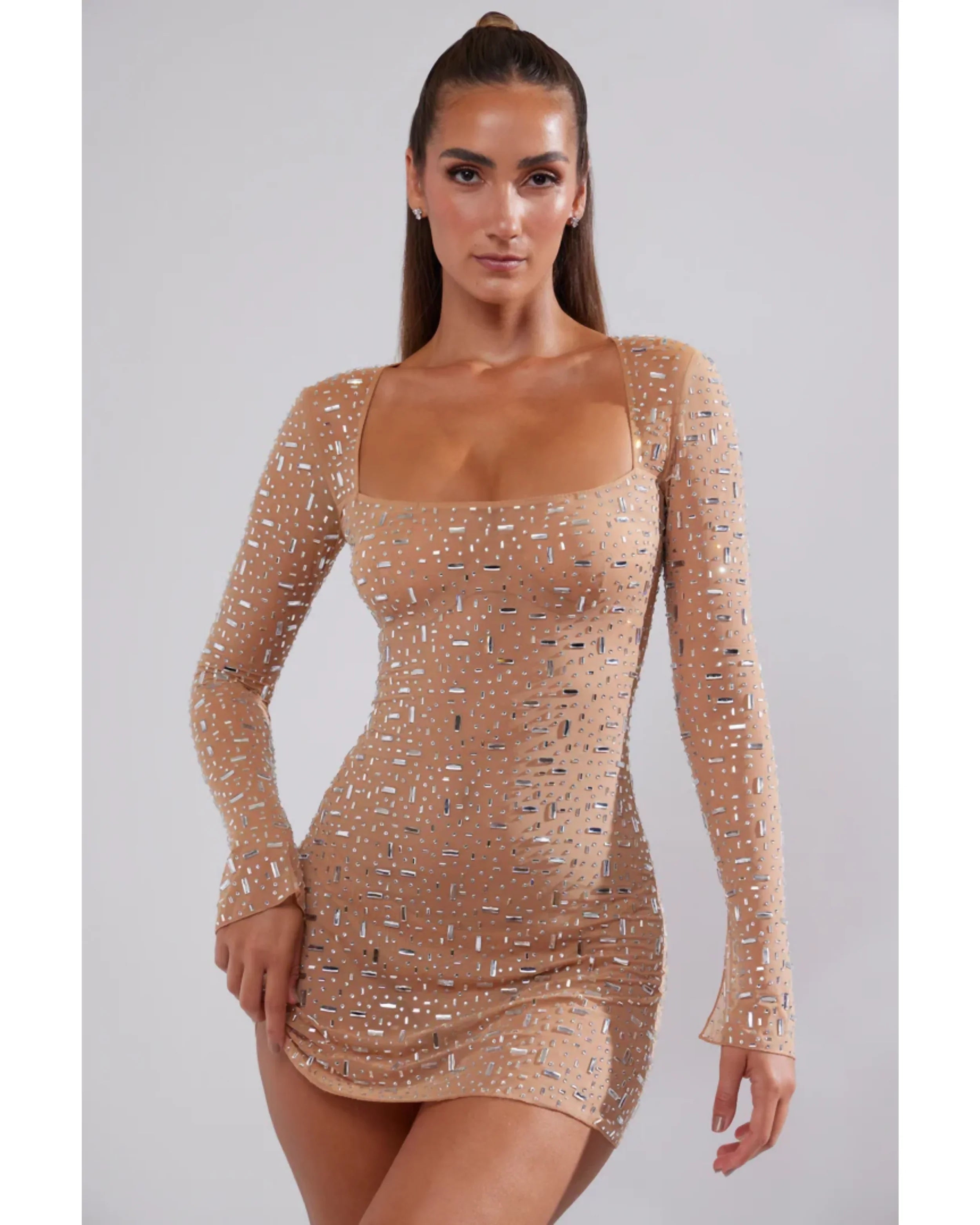 Zeta Sheer Embellished Long Sleeve A-Line Mini Dress - Endless - UAE Rental and Resale for Women's Fashion