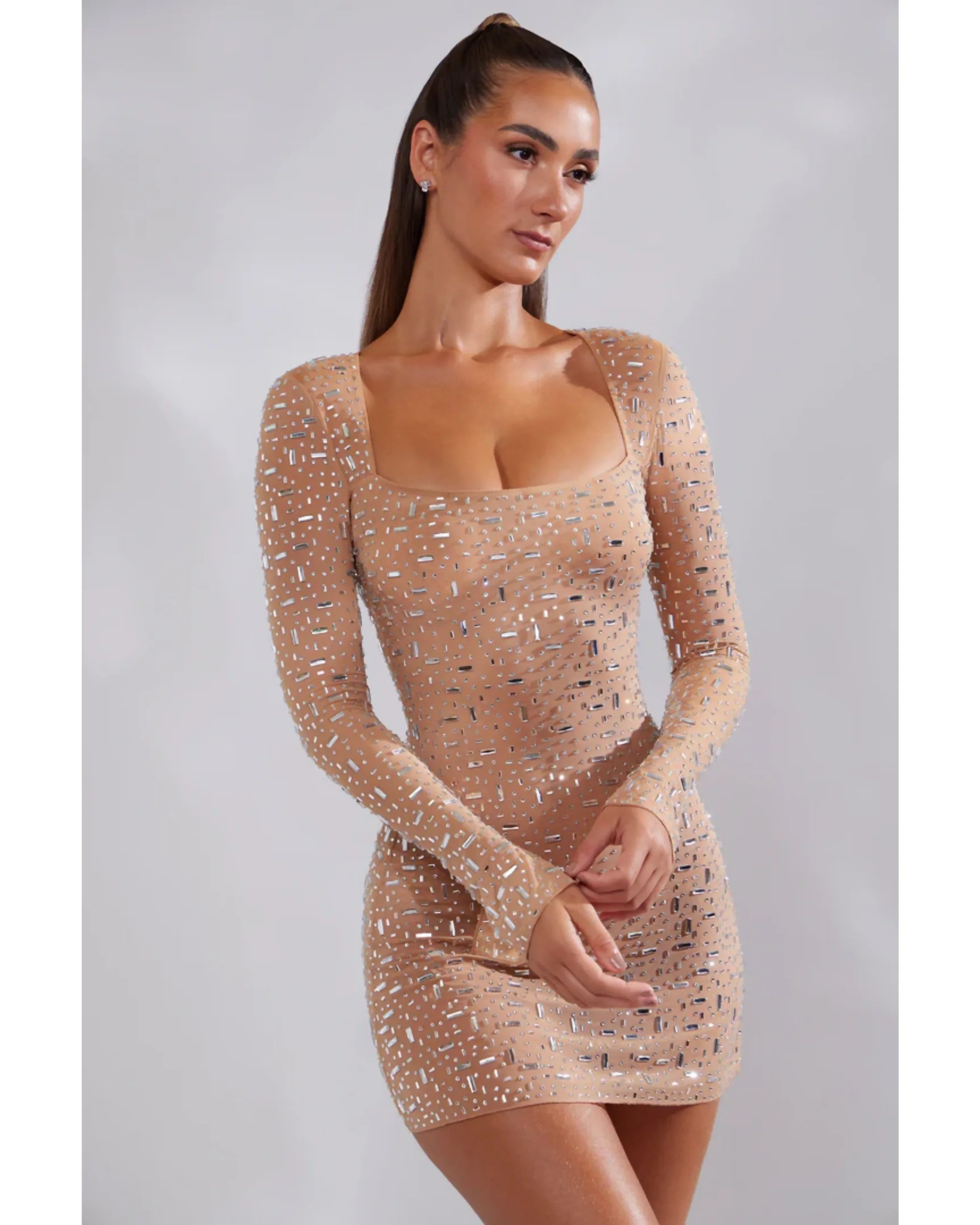 Zeta Sheer Embellished Long Sleeve A-Line Mini Dress - Endless - UAE Rental and Resale for Women's Fashion