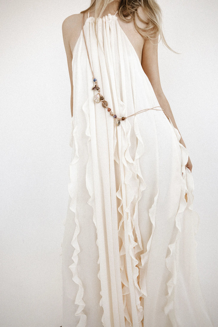 Cream halter neck dress with dramatic ruffle details and beaded belt tie — Maggie Marilyn | Endless UAE