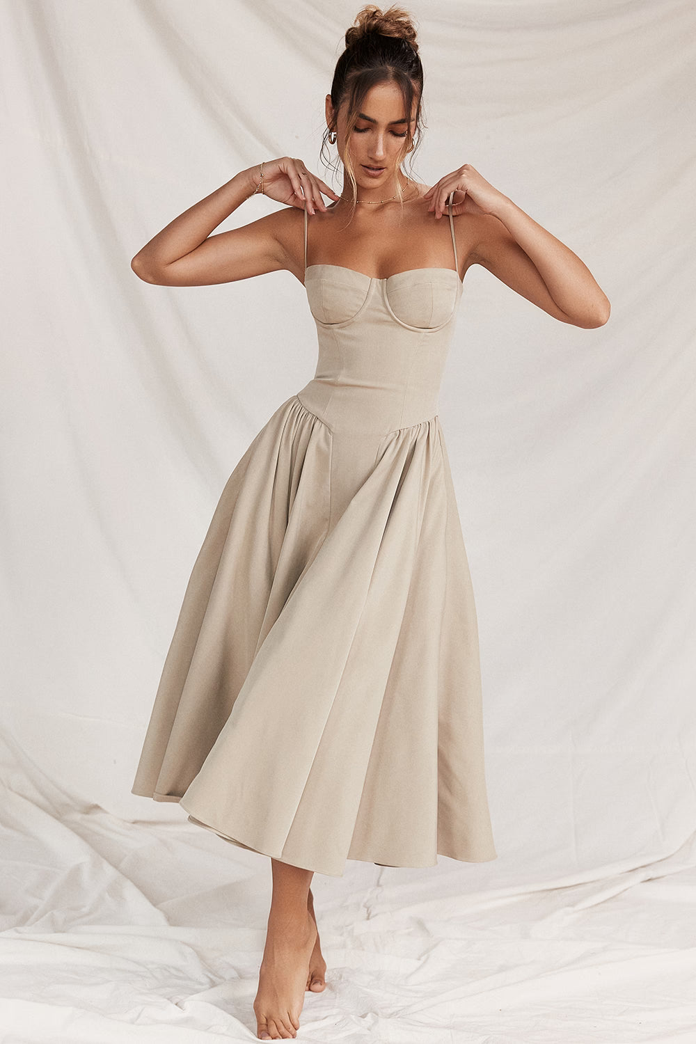 Beige corset sundress with thin straps and full midi skirt — House of CB | Endless UAE