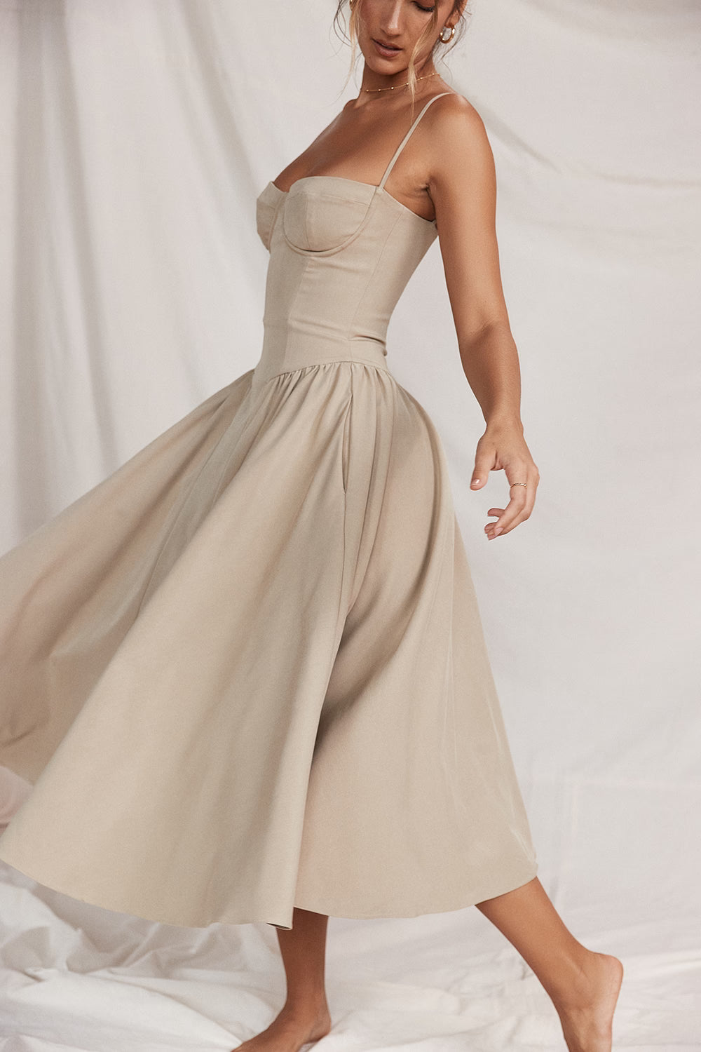Beige corset sundress with thin straps and full midi skirt — House of CB | Endless UAE