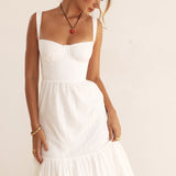 White broderie anglaise midi sundress with sweetheart neckline and tiered skirt — House of CB | Endless UAE