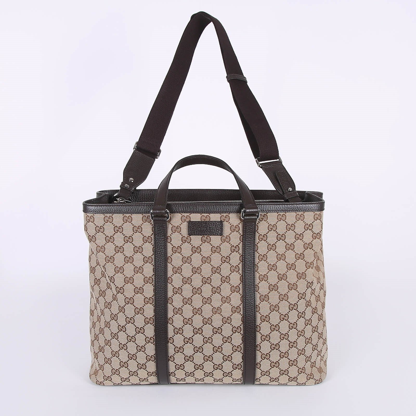 Large beige GG canvas tote bag with brown leather trim, top handles and detachable shoulder strap — Gucci | Endless UAE