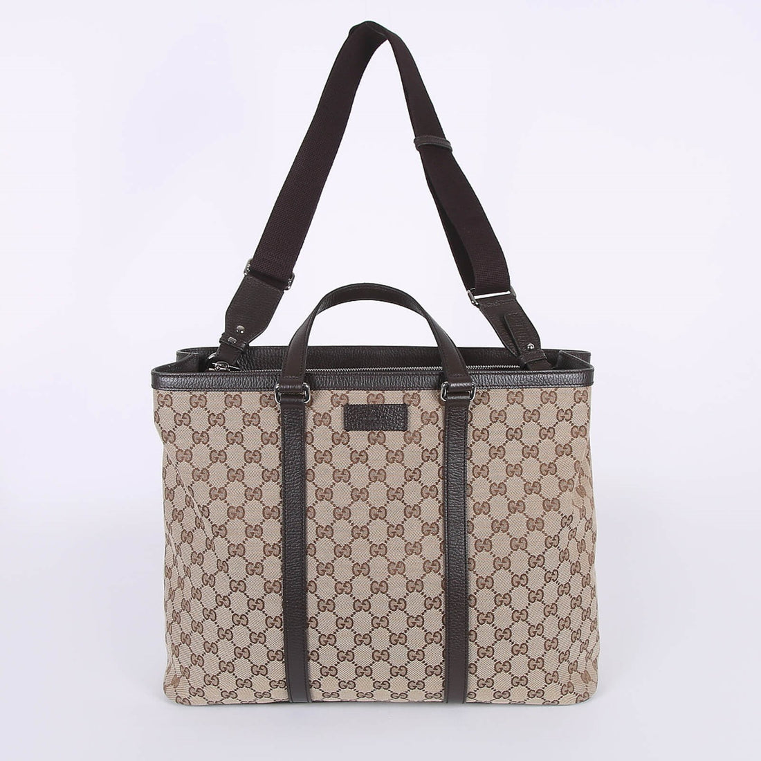 Large beige GG canvas tote bag with brown leather trim, top handles and detachable shoulder strap — Gucci | Endless UAE
