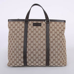 Beige GG canvas tote bag with brown leather handles and trim, featuring signature monogram pattern — Gucci | Endless UAE