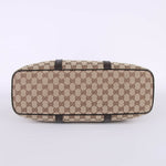 Bottom view of beige GG monogram canvas tote bag with brown leather trim and protective feet — Gucci | Endless UAE