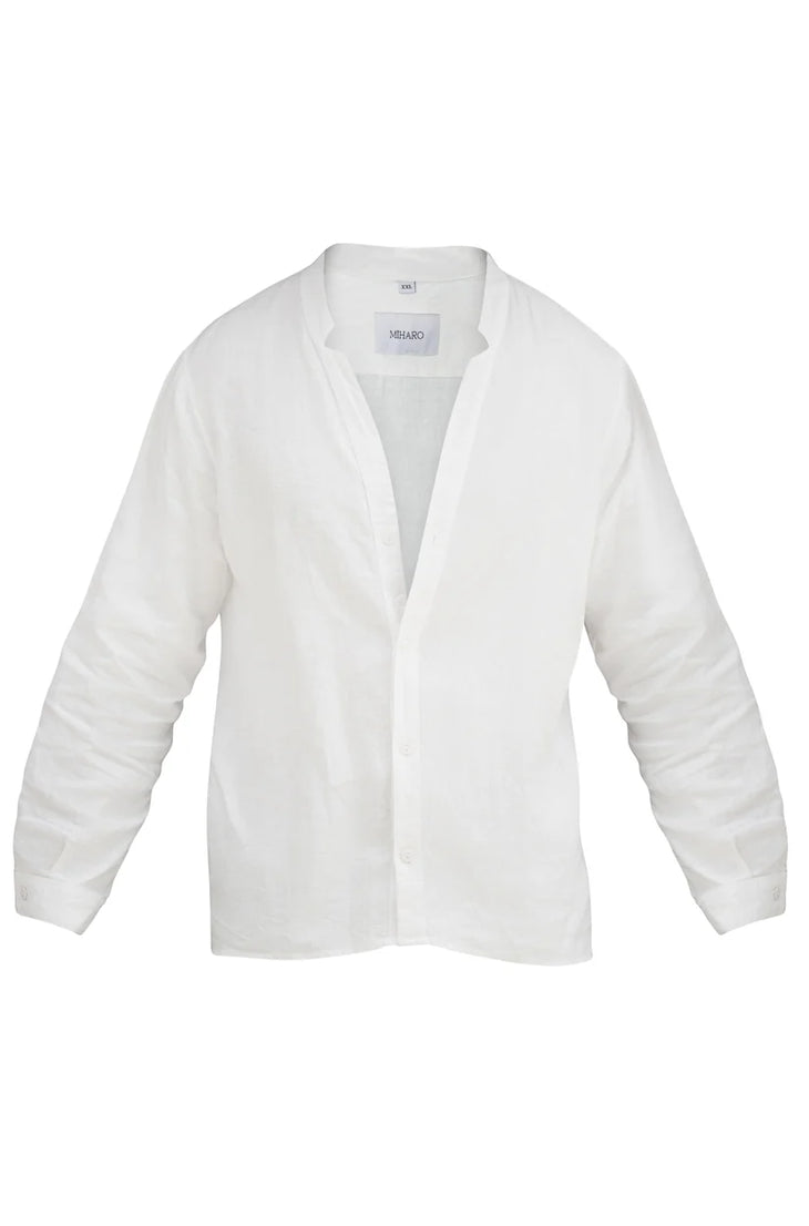 Off white men's linen shirt with mandarin collar and long sleeves, lightweight casual design — Miharo | Endless UAE