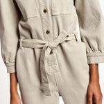 Beige denim jumpsuit with puffed sleeves and belt — Essentiel Antwerp | Endless UAE