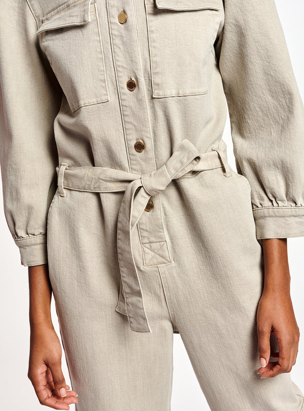Beige denim jumpsuit with belt and chest pockets — Essentiel Antwerp | Endless UAE