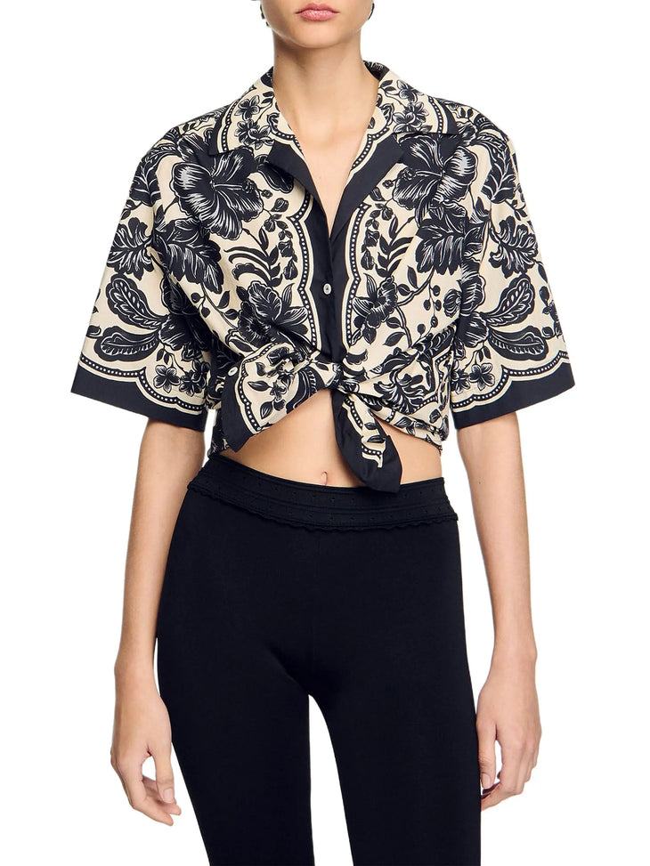 Cropped floral print shirt with black and beige pattern, tie-front detail and kimono sleeves — Sandro | Endless UAE