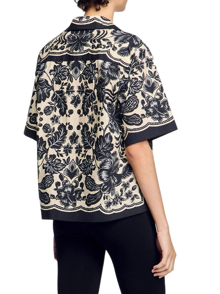 Floral print short sleeve shirt with scalloped trim and baroque pattern in black and beige — Sandro | Endless UAE