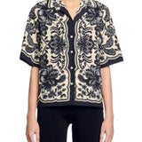 Black and cream floral print short sleeve button-up shirt with scalloped edges and ornate botanical design — Sandro | Endless UAE