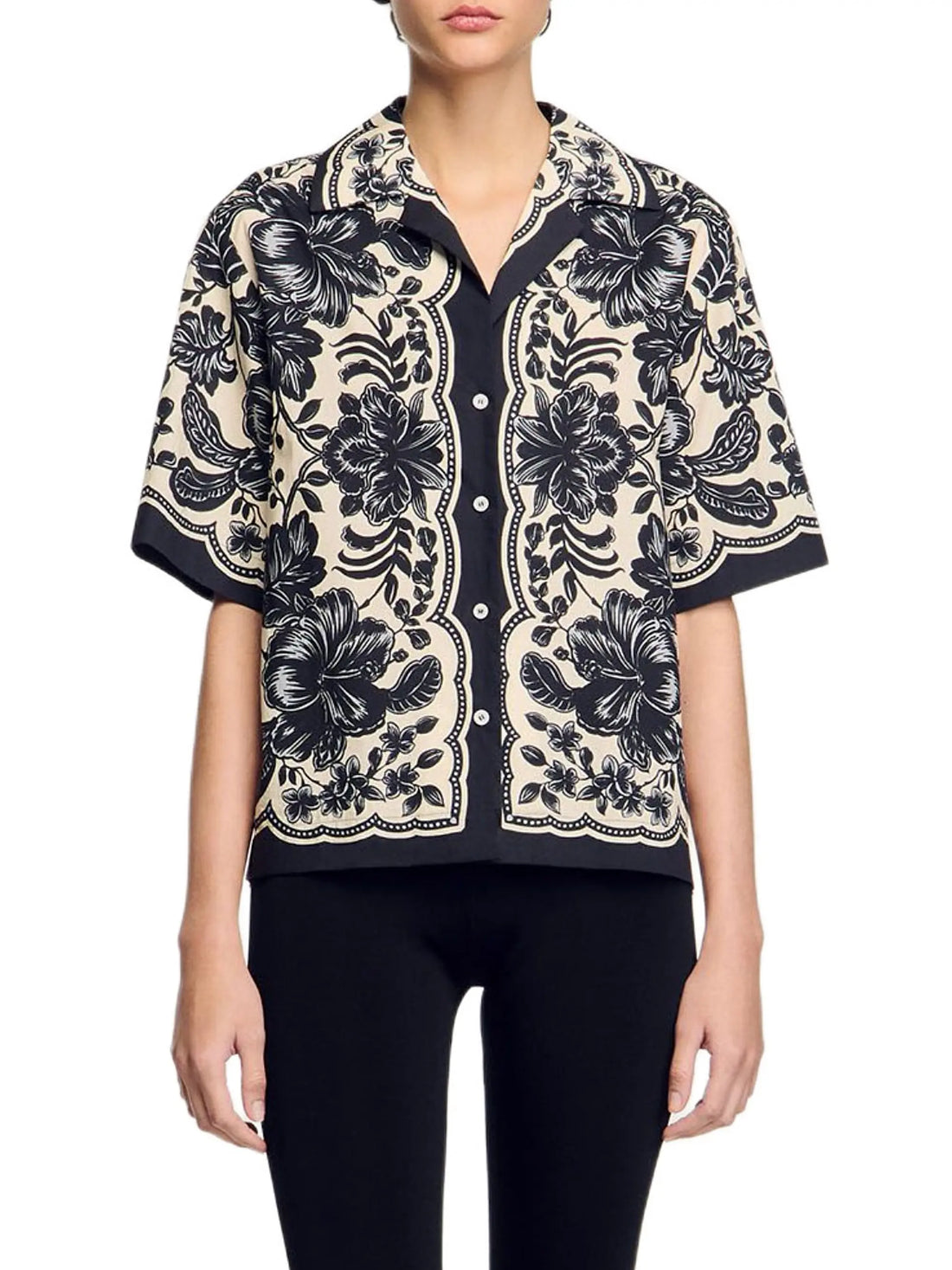Black and cream floral print short sleeve button-up shirt with scalloped edges and ornate botanical design — Sandro | Endless UAE