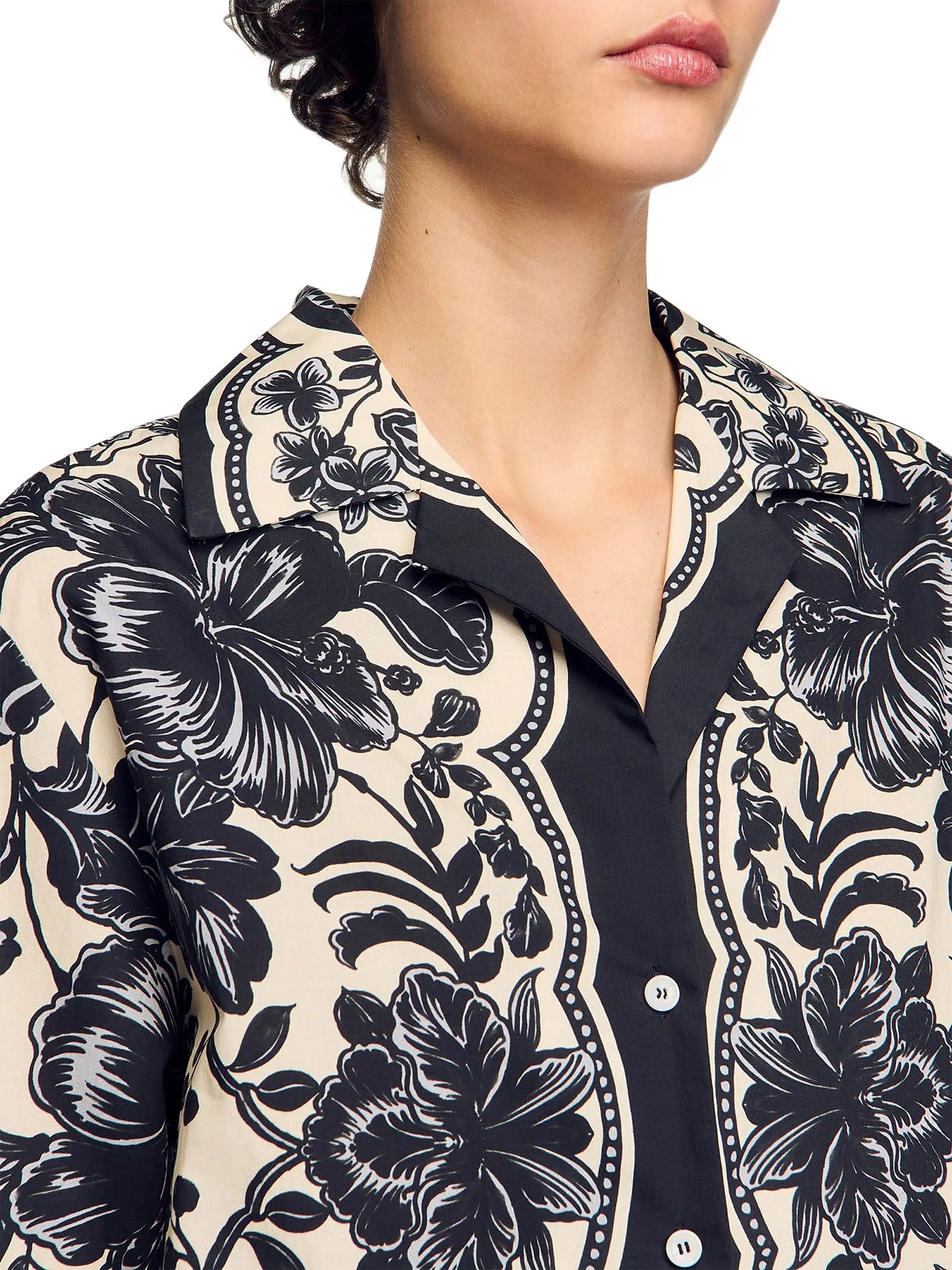 Black and beige floral print shirt with contrast collar and button front closure — Sandro | Endless UAE