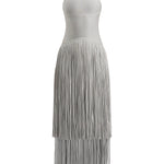 Metallic Kennedy Gown in silver with halter neckline and tiered fringe skirt — Hervé Léger | Endless UAE