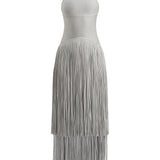 Metallic Kennedy Gown in silver with halter neckline and tiered fringe skirt — Hervé Léger | Endless UAE