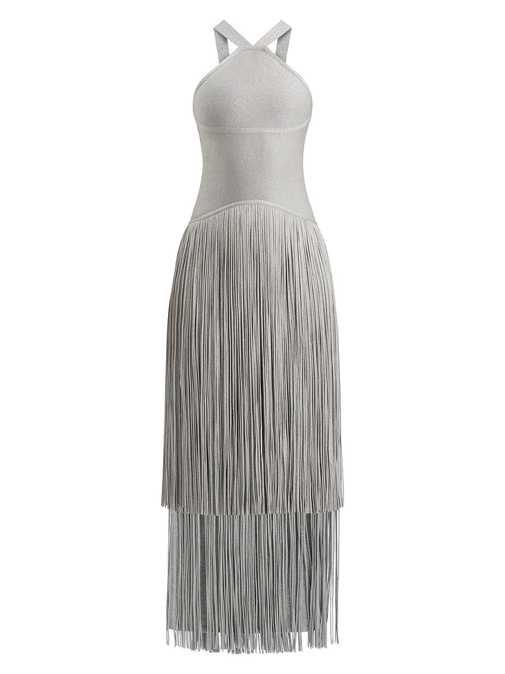 Metallic Kennedy Gown in silver with halter neckline and tiered fringe skirt — Hervé Léger | Endless UAE