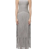 Metallic Kennedy Gown in silver with halter neckline and tiered fringe skirt — Hervé Léger | Endless UAE