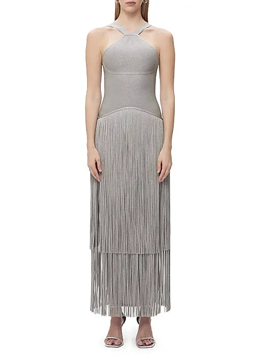 Metallic Kennedy Gown in silver with halter neckline and tiered fringe skirt — Hervé Léger | Endless UAE