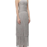 Metallic Kennedy Gown in silver with halter neckline and tiered fringe skirt — Hervé Léger | Endless UAE