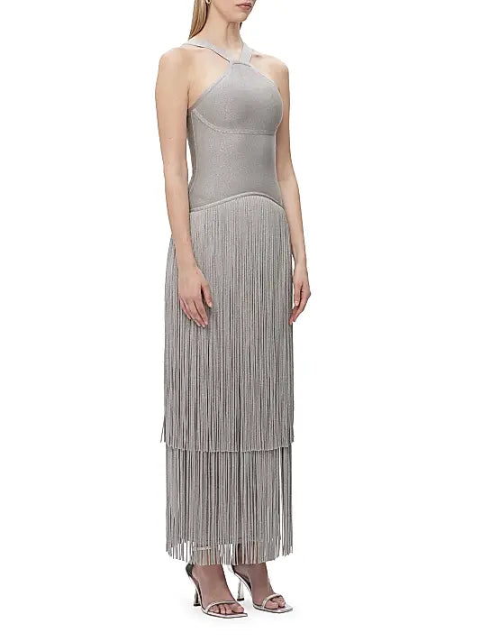 Metallic Kennedy Gown in silver with halter neckline and tiered fringe skirt — Hervé Léger | Endless UAE