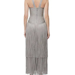 Metallic Kennedy Gown in silver with halter neckline and tiered fringe skirt — Hervé Léger | Endless UAE
