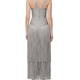 Metallic Kennedy Gown in silver with halter neckline and tiered fringe skirt — Hervé Léger | Endless UAE