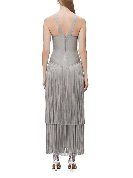 Metallic Kennedy Gown in silver with halter neckline and tiered fringe skirt — Hervé Léger | Endless UAE