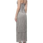 Metallic Kennedy Gown in silver with halter neckline and tiered fringe skirt — Hervé Léger | Endless UAE