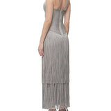 Metallic Kennedy Gown in silver with halter neckline and tiered fringe skirt — Hervé Léger | Endless UAE