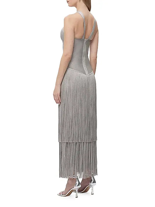 Metallic Kennedy Gown in silver with halter neckline and tiered fringe skirt — Hervé Léger | Endless UAE