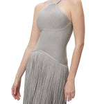 Metallic Kennedy Gown in silver with halter neckline and tiered fringe skirt — Hervé Léger | Endless UAE