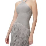 Metallic Kennedy Gown in silver with halter neckline and tiered fringe skirt — Hervé Léger | Endless UAE