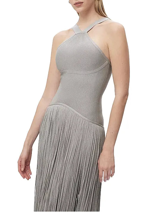 Metallic Kennedy Gown in silver with halter neckline and tiered fringe skirt — Hervé Léger | Endless UAE