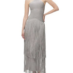 Metallic Kennedy Gown in silver with halter neckline and tiered fringe skirt — Hervé Léger | Endless UAE