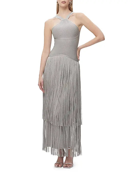 Metallic Kennedy Gown in silver with halter neckline and tiered fringe skirt — Hervé Léger | Endless UAE