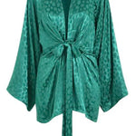 Emerald green satin kimono dress with polka dot jacquard pattern and tie waist belt — Rat & Boa | Endless UAE