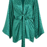 Emerald green satin kimono dress with polka dot jacquard pattern and tie waist belt — Rat & Boa | Endless UAE