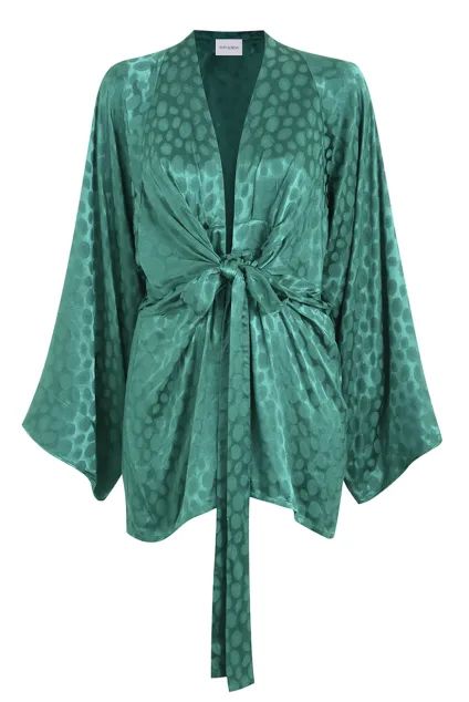 Emerald green satin kimono dress with polka dot jacquard pattern and tie waist belt — Rat & Boa | Endless UAE
