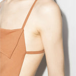 Terracotta asymmetrical dress with thin straps and ruched side detail on model — Jacquemus | Endless UAE