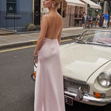Elegant pale pink backless maxi dress with spaghetti straps and sleek silhouette — By Keara | Endless UAE