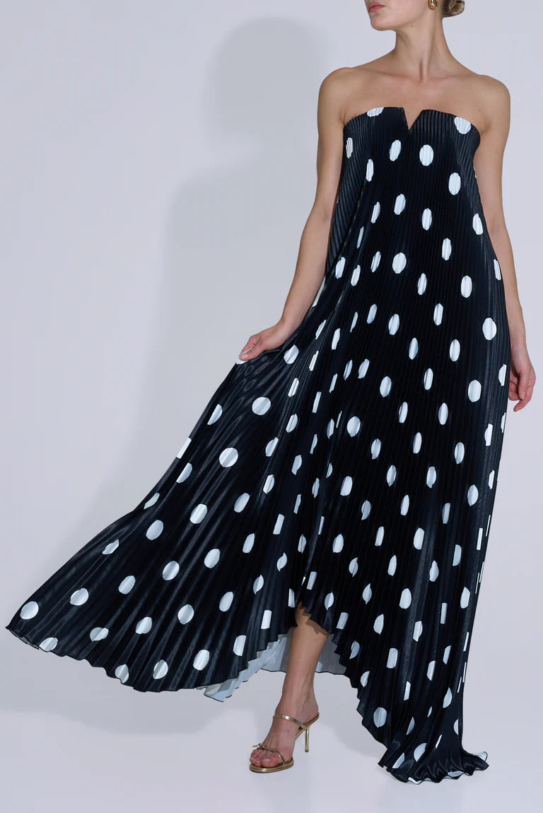 Black strapless polka dot pleated gown with asymmetrical hemline — L'IDÉE | Endless UAE