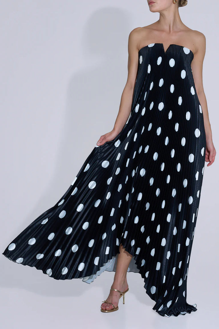 Black strapless polka dot pleated gown with asymmetrical hemline — L'IDÉE | Endless UAE