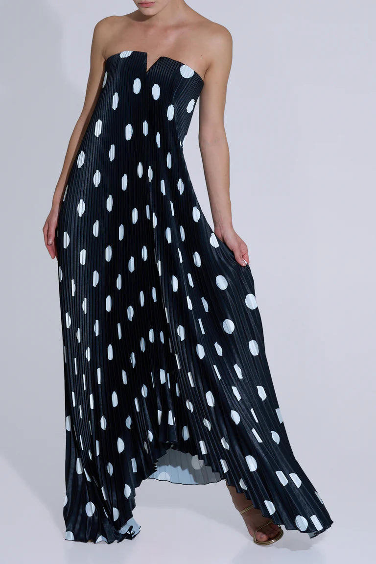 Black strapless polka dot pleated gown with asymmetrical hemline — L'IDÉE | Endless UAE