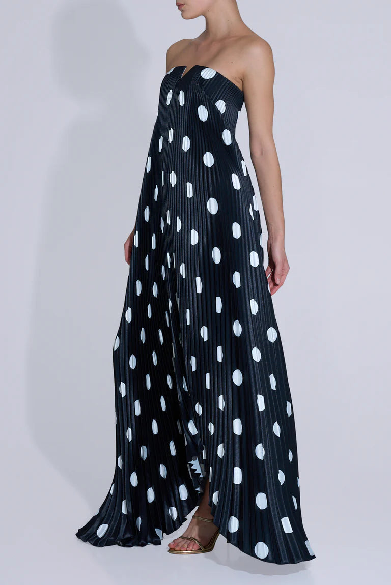 Black strapless polka dot pleated gown with asymmetrical hemline — L'IDÉE | Endless UAE