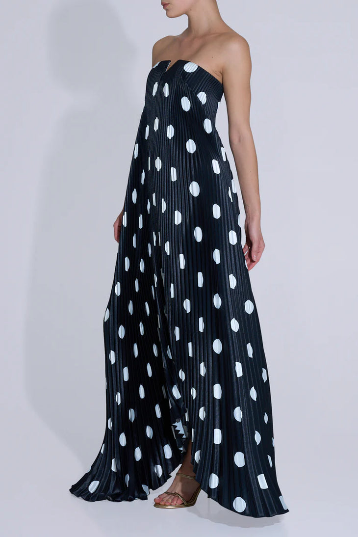 Black strapless polka dot pleated gown with asymmetrical hemline — L'IDÉE | Endless UAE