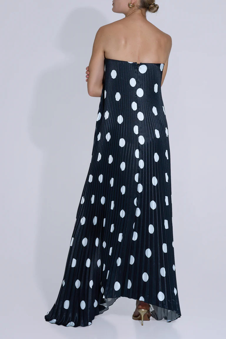 Black strapless polka dot pleated gown with asymmetrical hemline — L'IDÉE | Endless UAE
