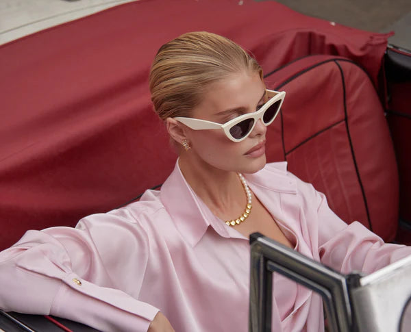 Pink tie-up shirt worn as a dress with white sunglasses — By Keara | Endless UAE