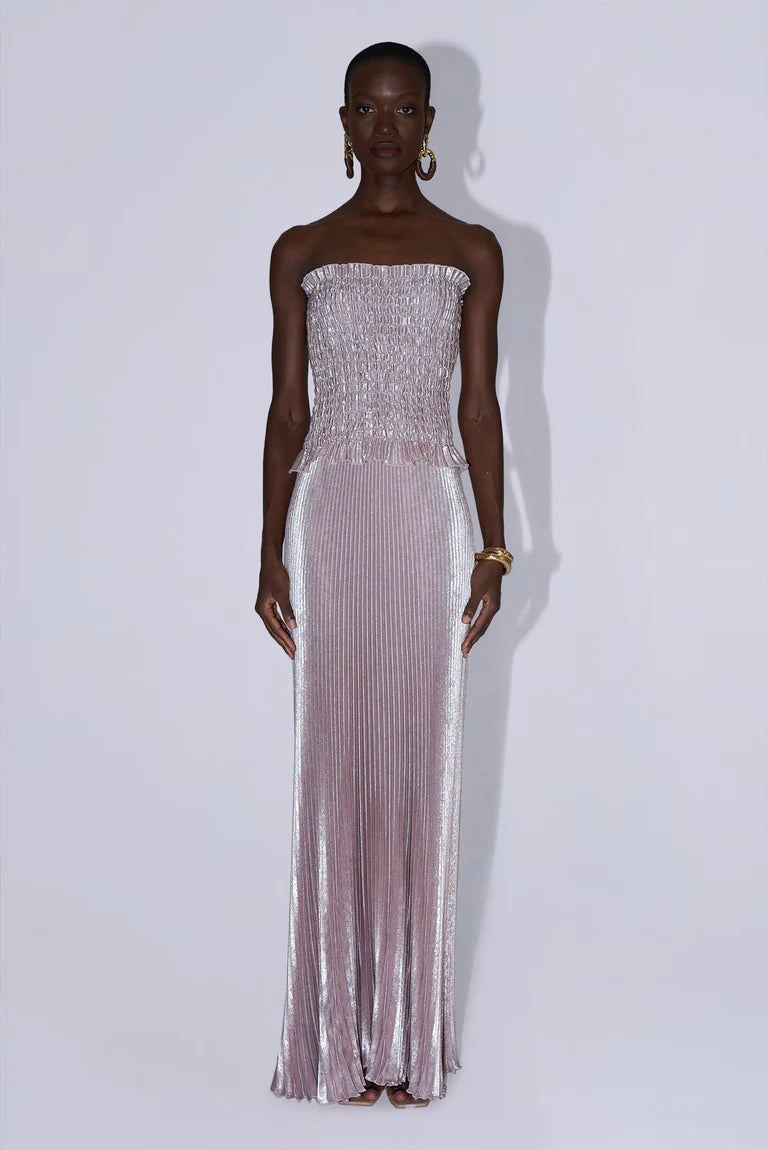 Strapless pleated gown in dusty shimmer with ruched bodice and flowing skirt — L'IDÉE | Endless UAE