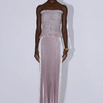 Strapless pleated gown in dusty shimmer with ruched bodice and flowing skirt — L'IDÉE | Endless UAE